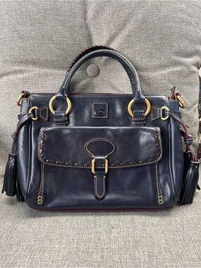RARE Dooney & Bourke Florentine Leather Whipstitch Boho Medium Pocket Satchel.